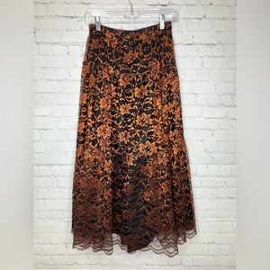 Carole Little Vintage Black and Orange Floral Lace Midi Skirt Size Medium